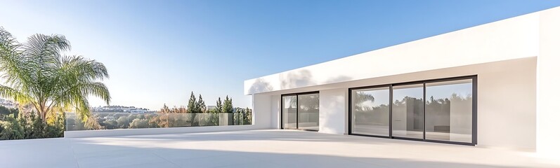 Poster - Modern white villa with large glass doors, surrounded by greenery and blue skies.