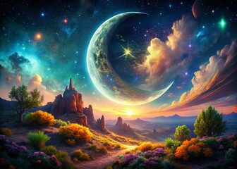 Wall Mural - Celestial Night: Bright Crescent Moon in Starry Sky - Surreal Dreamy Landscape