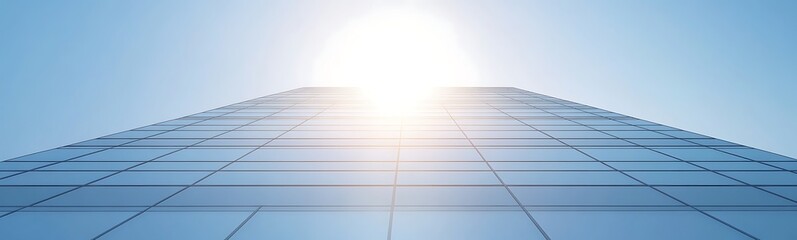 Aufkleber - Modern glass building reaching towards a bright sun in a clear blue sky.