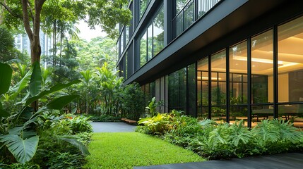 Aufkleber - Modern building with large windows surrounded by lush greenery and well-maintained landscaping.