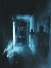 Aufkleber - Mysterious dark corridor illuminated by eerie flickering light with ghostly figures lurking in the shadows