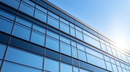 Aufkleber - Modern glass building reflecting sunlight against a clear blue sky.