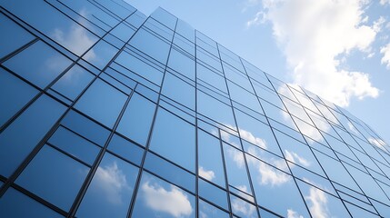 Aufkleber - Modern glass building reflecting clouds against a bright blue sky.