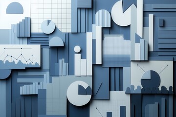 Poster - Sophisticated paper art showcasing political analysis with layered cut out charts and silhouettes in structured navy blue and gray tones Generative AI