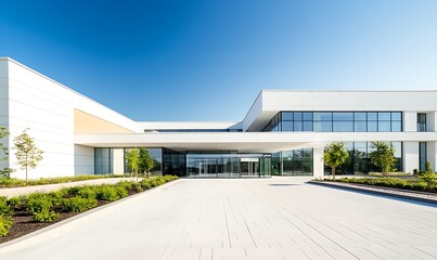 Aufkleber - Modern architectural building with sleek lines, large windows, and landscaped surroundings under a clear blue sky.