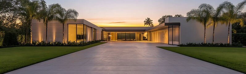 Aufkleber - Modern architectural home at sunset with a clean driveway and lush landscaping.