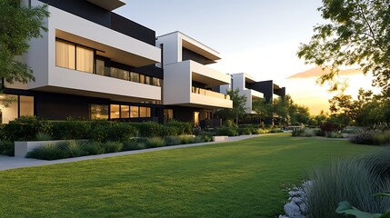 Aufkleber - Modern residential buildings with lush landscaping under a sunset sky.