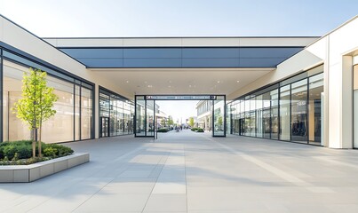 Aufkleber - Modern storefront with large glass entrance under clear blue sky, featuring clean lines and greenery.