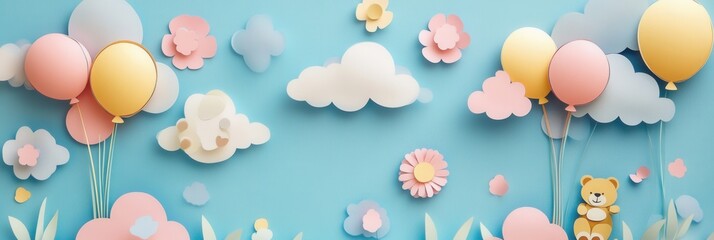 Poster - Whimsical paper cutout display of balloons, teddy bears, and clouds in pastel colors for childrens decor Generative AI