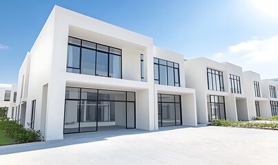 Aufkleber - Modern white architecture with large windows and a bright blue sky.