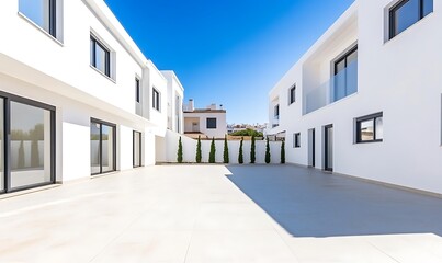 Aufkleber - Modern building layout with white walls and a clear blue sky, showcasing a spacious outdoor area.