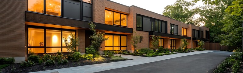 Aufkleber - Modern building exterior with warm illuminated windows and landscaped surroundings during sunset.