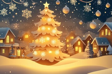 Aufkleber - Embracing festive cheer with a glowing Christmas tree and charming snowy village at night Generative AI