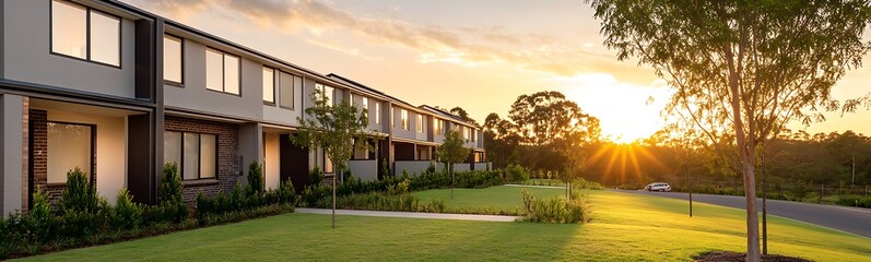 Aufkleber - Modern townhouses bathed in sunset light, surrounded by green lawns and trees.