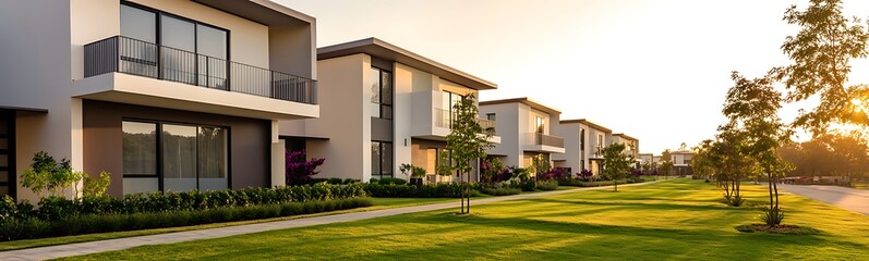 Aufkleber - Modern houses line a serene street, bathed in warm sunset light with lush green lawns.