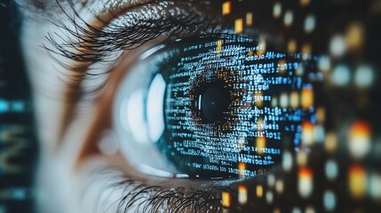 Close-up eye seeing digital code, technology, future