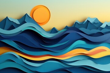 Leinwandbilder - Inclusive paper art landscape featuring layered waves, mountains, and a warm sun for a dynamic travel inspired design Generative AI