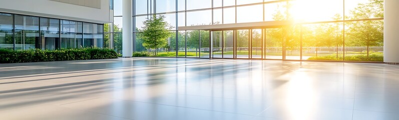 Poster - Bright and spacious interior with large windows and natural light illuminating the floor and greenery outside.