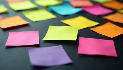 close up of colorful array of sticky notes on dark surface, organization, message