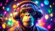 © Four888 - Cool Neon Party DJ Monkey: Double Exposure Photo of a Trendy Primate with Glowing Headphones and Sunglasses