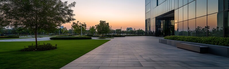 Poster - Urban landscape with a paved pathway, greenery, and a modern building reflecting the sunset.