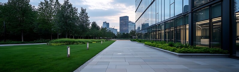 Poster - Modern urban landscape featuring a pathway lined with greenery and contemporary buildings in the background.