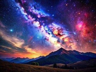 Wall Mural - Cosmic Nebula: Starry Night Landscape with Illuminated Galaxy Clouds