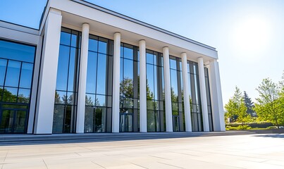 Aufkleber - Modern building facade with large glass windows and tall columns under bright sunlight.