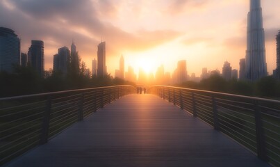 Poster - Pathway leading toward a sunset skyline with tall buildings in the background.