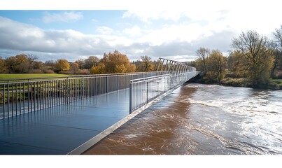 Aufkleber - A bridge extends over a river, surrounded by autumn foliage and a cloudy sky.