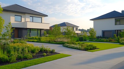 Aufkleber - Modern houses surrounded by lush greenery and well-maintained gardens in a serene setting.