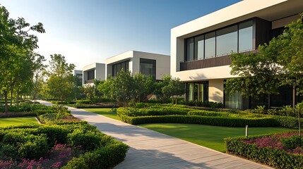 Aufkleber - Modern residential buildings surrounded by lush greenery and a paved pathway in a serene landscape.