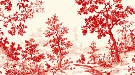 Wall Mural - classic toile de jouy seamless pattern in red. timeless - garden. illustration
