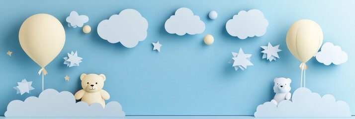 Poster - Whimsical pastel cutout design featuring playful teddy bears, balloons, and fluffy clouds for childrens decor Generative AI