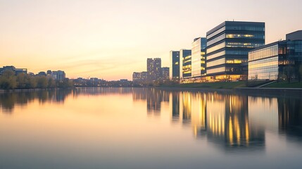 Aufkleber - Modern buildings reflecting on a calm river during sunset, creating a serene atmosphere.