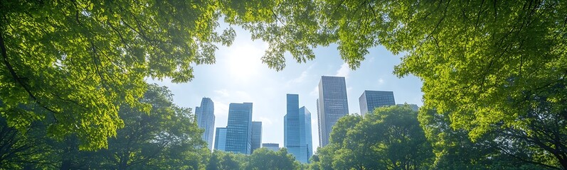 Aufkleber - City skyline framed by lush green foliage and bright sunlight filtering through trees.