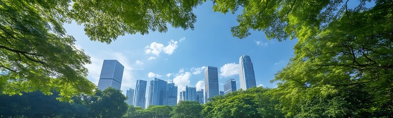 Aufkleber - City skyline framed by lush green trees under a bright blue sky.