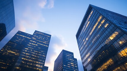 Aufkleber - Modern skyscrapers against a twilight sky, showcasing urban architecture and city life.