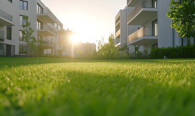 Aufkleber - Lush green lawn with modern apartments basking in the warm glow of sunset.
