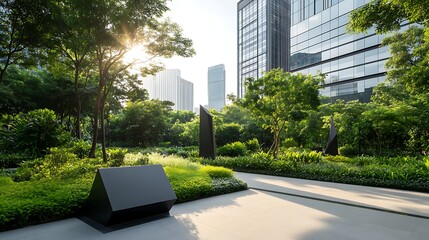 Aufkleber - Urban park with modern architecture, lush greenery, and sunlight filtering through trees.