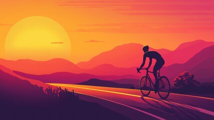 Poster - Cyclist silhouetted against a glowing sunset riding through rolling hills at golden ratio intersection Generative AI