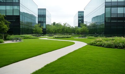 Aufkleber - Lush green pathway winding through a modern urban landscape with glass buildings.