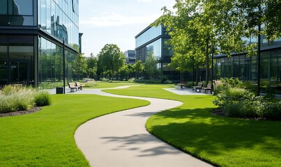 Poster - Lush green pathways weave through modern architecture under a clear sky.