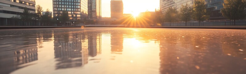 Poster - Urban landscape reflecting a sunset, showcasing modern buildings and a serene atmosphere.