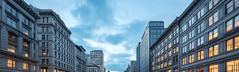 Poster - Urban street scene at dusk with modern buildings and a cloudy sky.