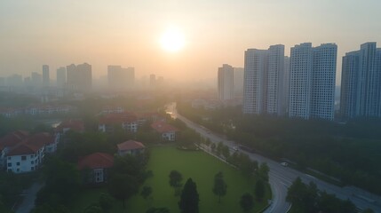 Aufkleber - Aerial view of a cityscape at sunrise with fog and modern buildings in the background.