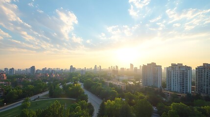 Aufkleber - Scenic city skyline at sunset with green park and modern buildings under a colorful sky.