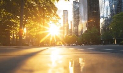 Aufkleber - A serene city street bathed in golden sunlight during sunrise, with modern buildings in the background.