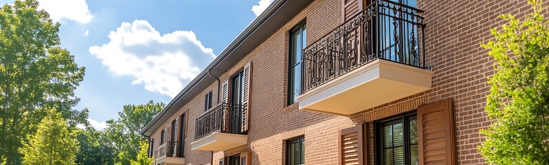 Aufkleber - Modern brick building with balconies and lush greenery under a bright blue sky.