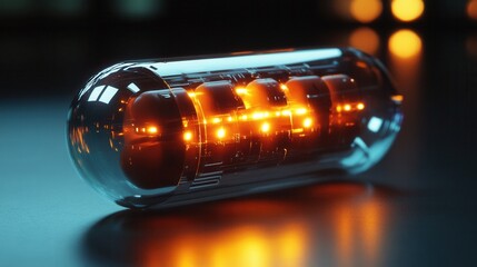 Leinwandbilder - Futuristic transparent pill bottle with glowing capsules showcases high tech design in cyberpunk aesthetic Generative AI